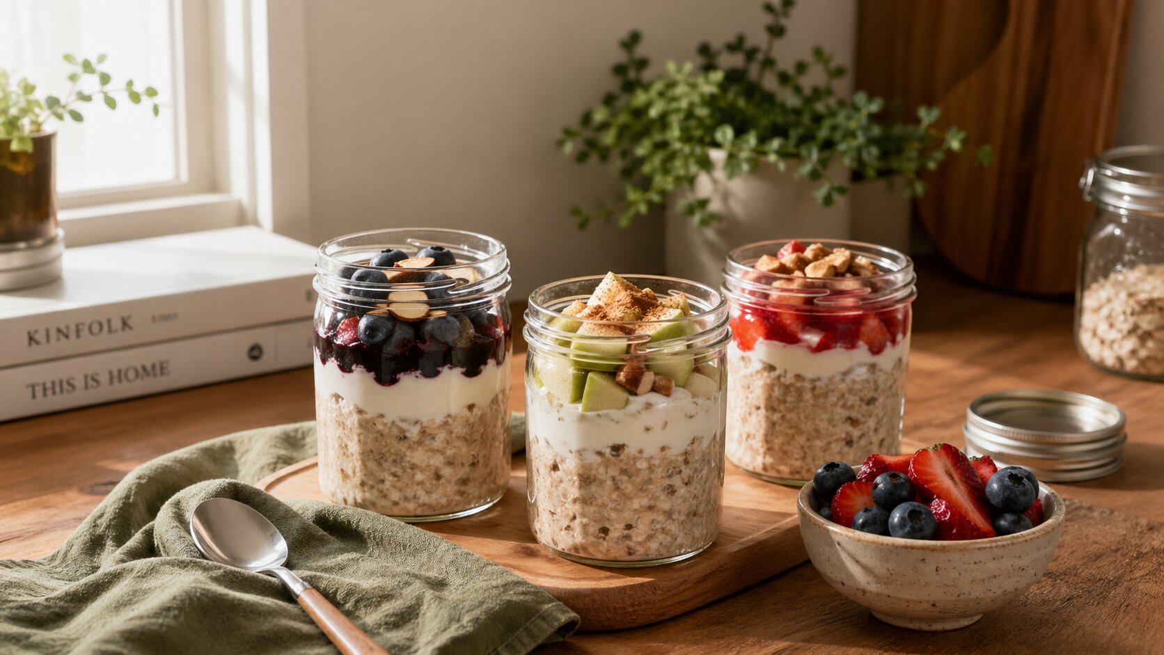 Баночки ночной овсянки, приготовленной заранее, с фруктами, йогуртом и орехами