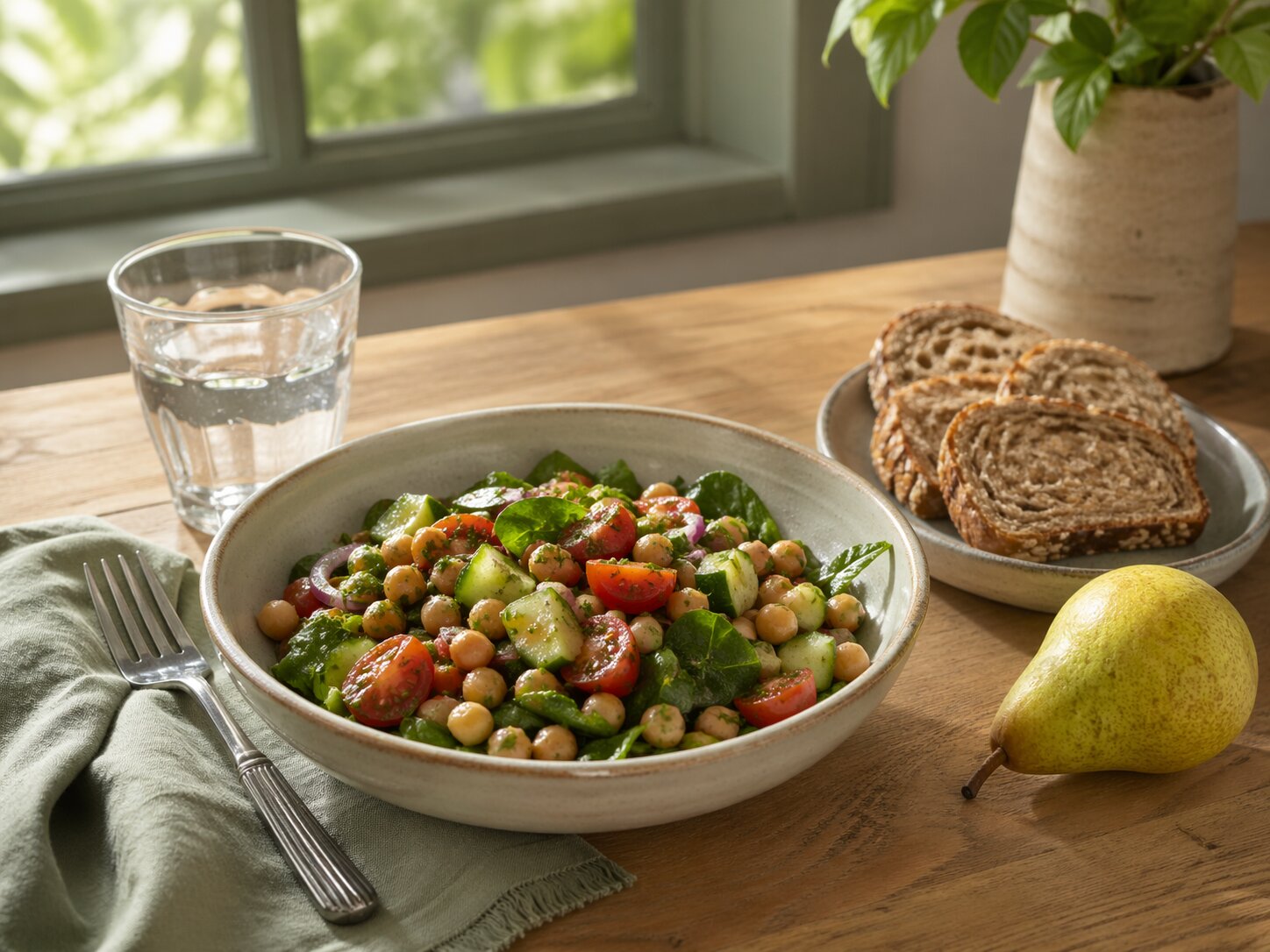 Салат из нута с листовой зеленью, огурцом, помидорами, цельнозерновым хлебом, грушей