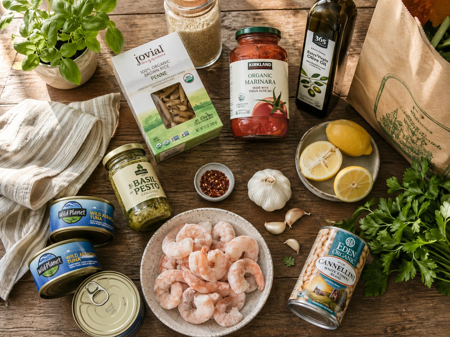 Консервированный тунец, замороженные креветки, паста, рис, фасоль, песто, томатный соус, лимоны, чеснок, оливковое масло и зелень