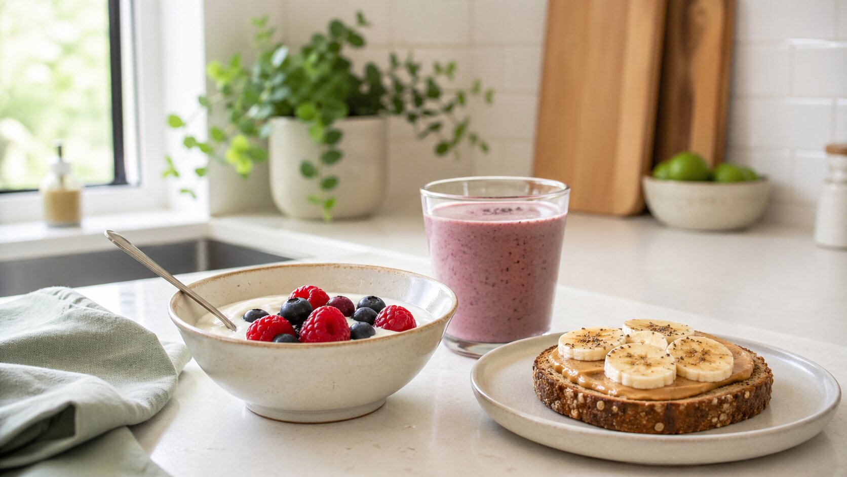 Простой будничный завтрак с миской йогурта и ягодами, банановым тостом с ореховой пастой и ягодным смузи