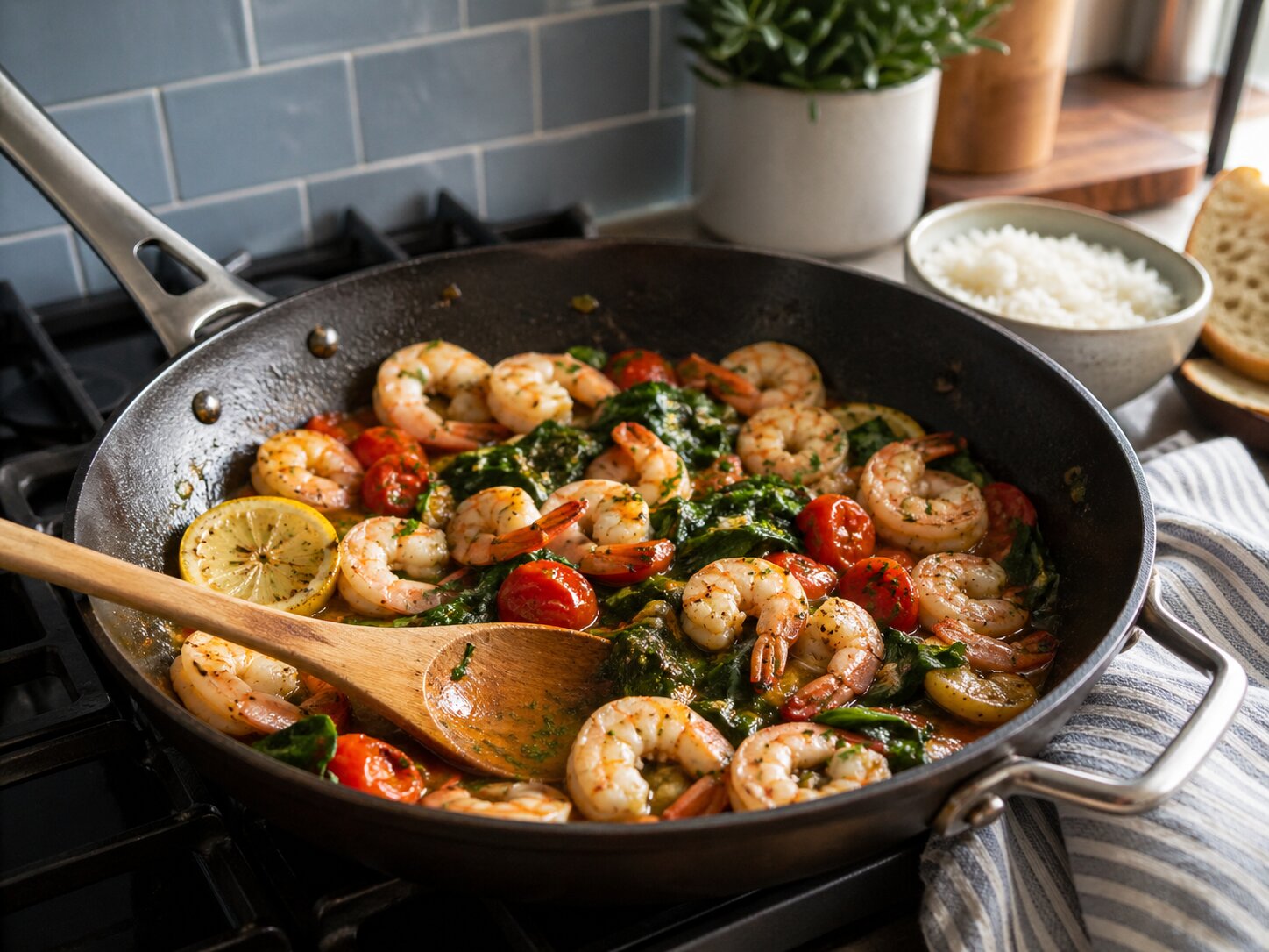 Креветки на сковороде с лимоном, чесноком, зеленью, помидорами черри и листовой зеленью
