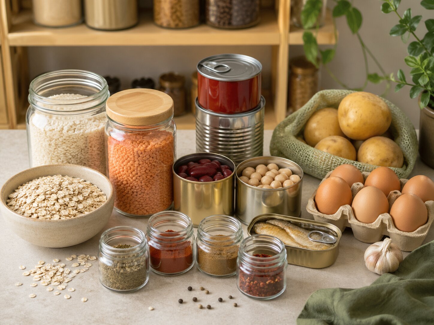 Бюджетные базовые продукты для кладовой, включая овсяные хлопья, рис, чечевицу, фасоль, консервированную рыбу, яйца, картофель, чеснок и простые специи
