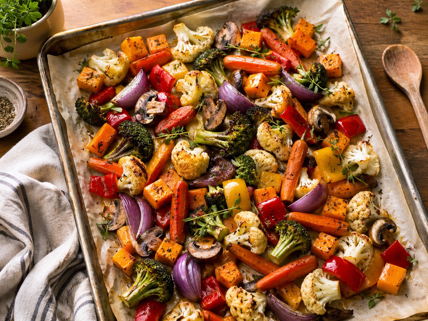 Противень с красочными запеченными овощами: морковью, цветной капустой, брокколи, перцем, красным луком, бататом, грибами и свежей зеленью