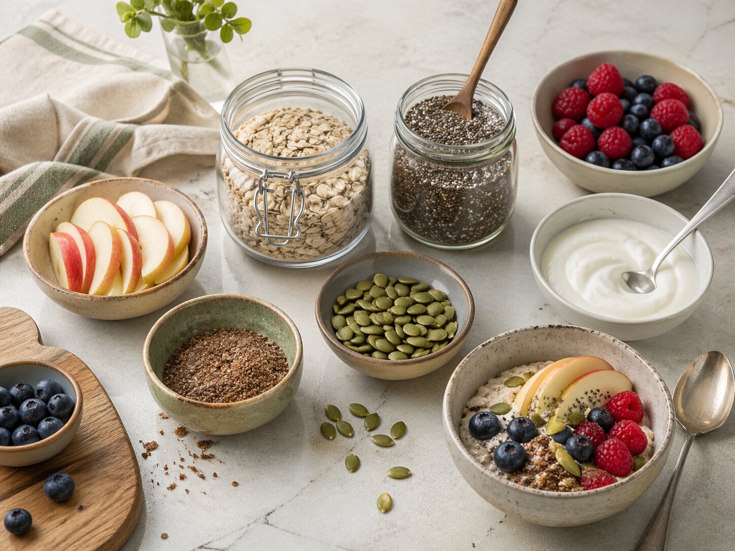 Небольшие миски и баночки с овсом, семенами чиа, тыквенными семечками, ягодами, нарезанным яблоком, йогуртом и добавками для завтрака