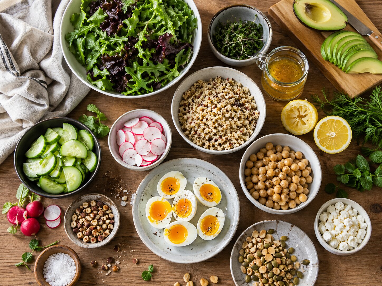 Свежие ингредиенты для салата: листовая зелень, злаки, нут, яйца всмятку, авокадо, огурец, редис, травы, семена, орехи, лимон и заправка