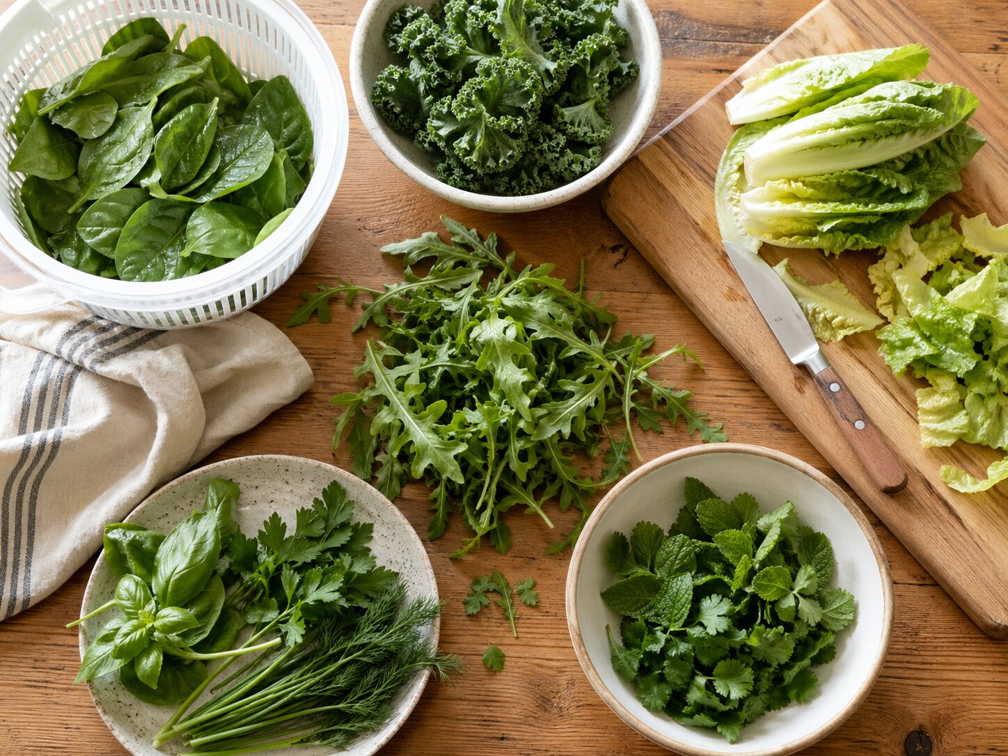 Шпинат, кейл, руккола, ромэн и свежие травы, разложенные на деревянном столе для удобной подготовки еды.