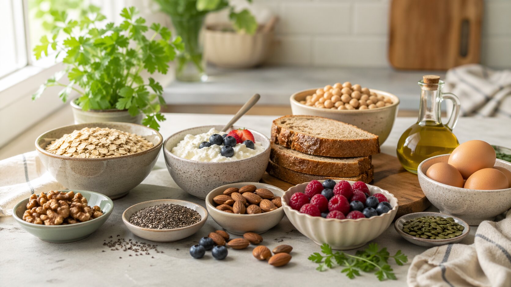 Повседневные макроингредиенты на светлой кухонной поверхности, включая овсянку, йогурт, ягоды, цельнозерновой хлеб, нут, яйца, орехи, семена, оливковое масло и свежую зелень
