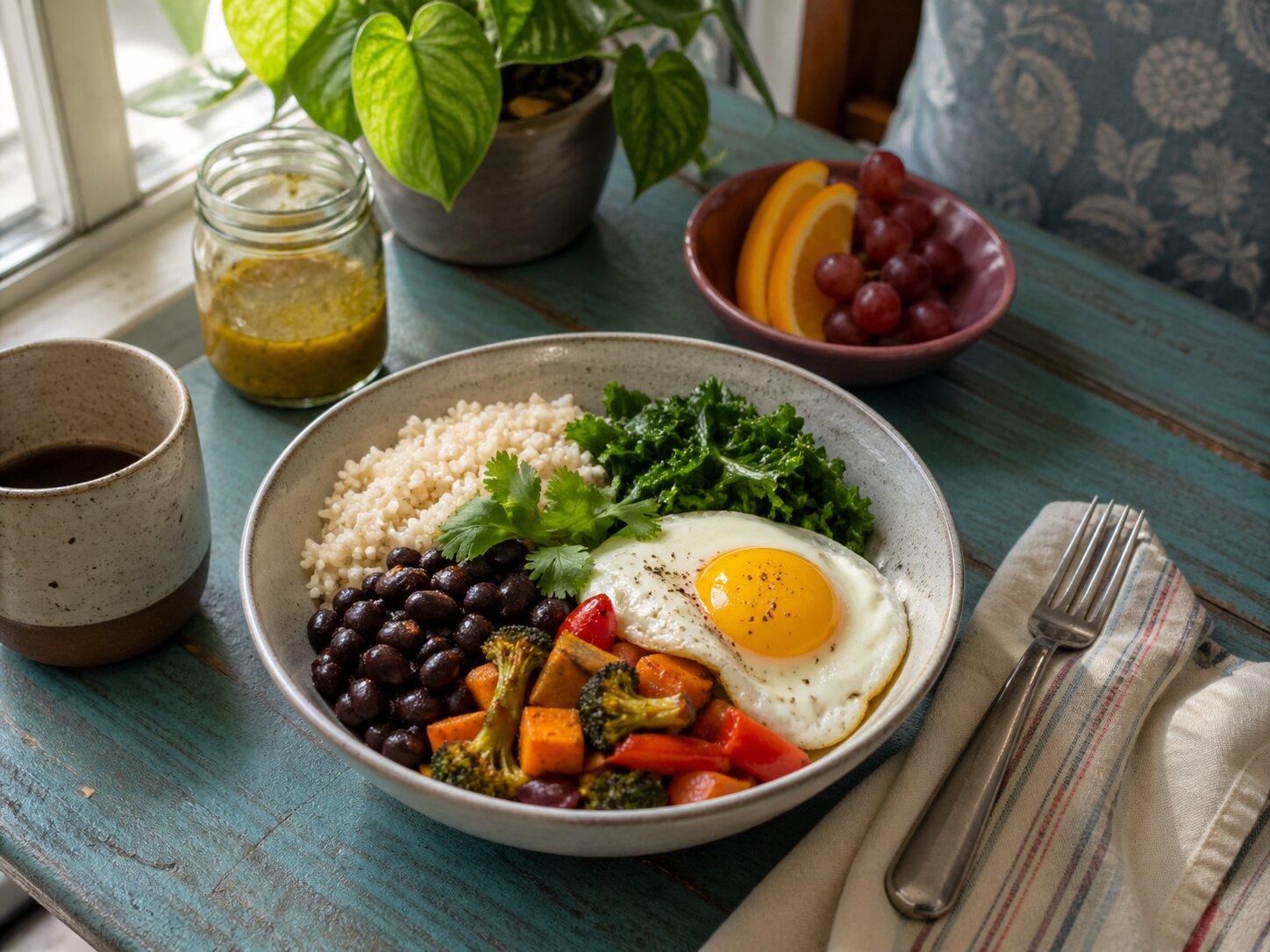 Простое бюджетное блюдо в миске с рисом, фасолью, овощами, свежей зеленью и жареным яйцом