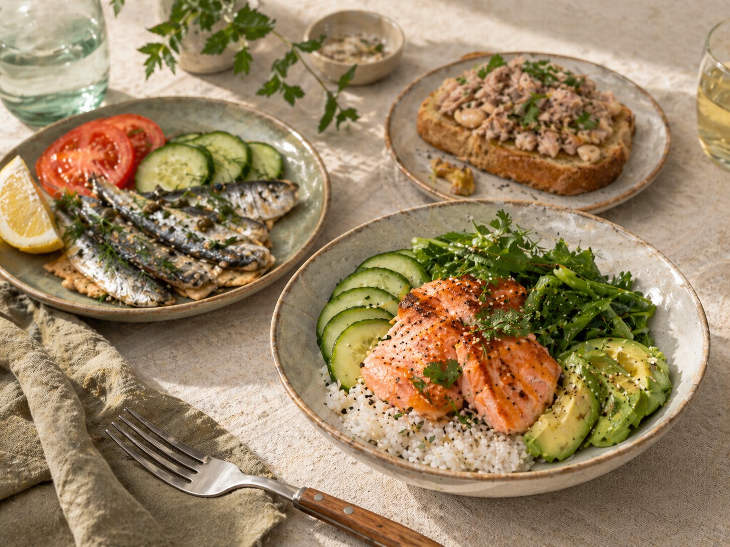 Простые идеи блюд из рыбы, включая боул с рисом и лососем, тост с тунцом и белой фасолью, а также тарелку с сардинами, огурцом, помидором, лимоном и зеленью