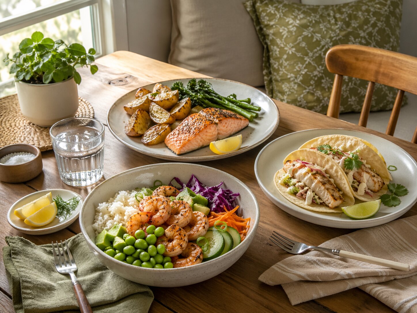 Простые идеи блюд с морепродуктами: боул с креветками и рисом, лосось с картофелем и зеленью, а также тако с белой рыбой
