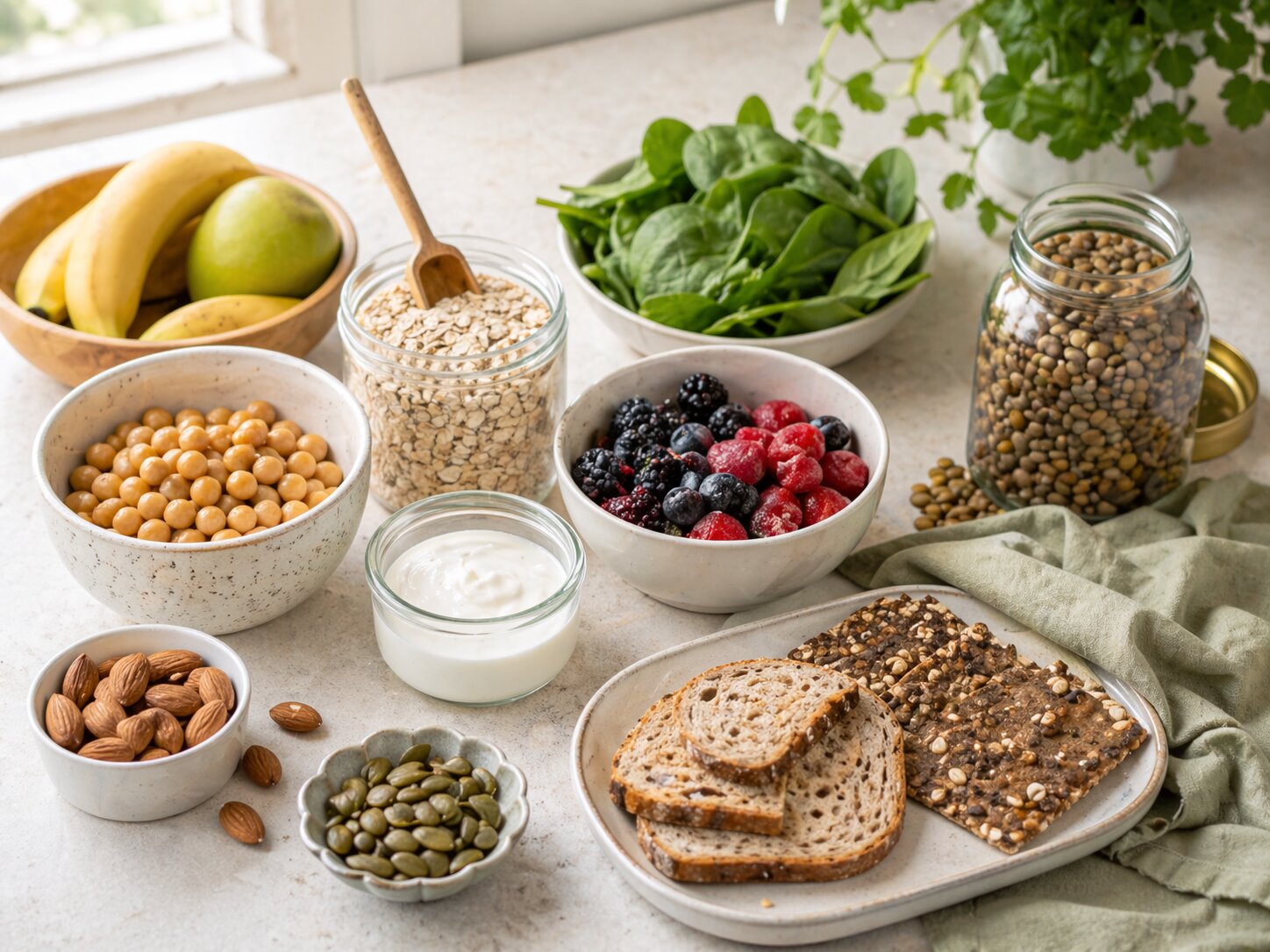 Обычные продукты, богатые питательными веществами, включая овсянку, нут, йогурт, ягоды, чечевицу, шпинат, орехи, семена и цельнозерновой хлеб