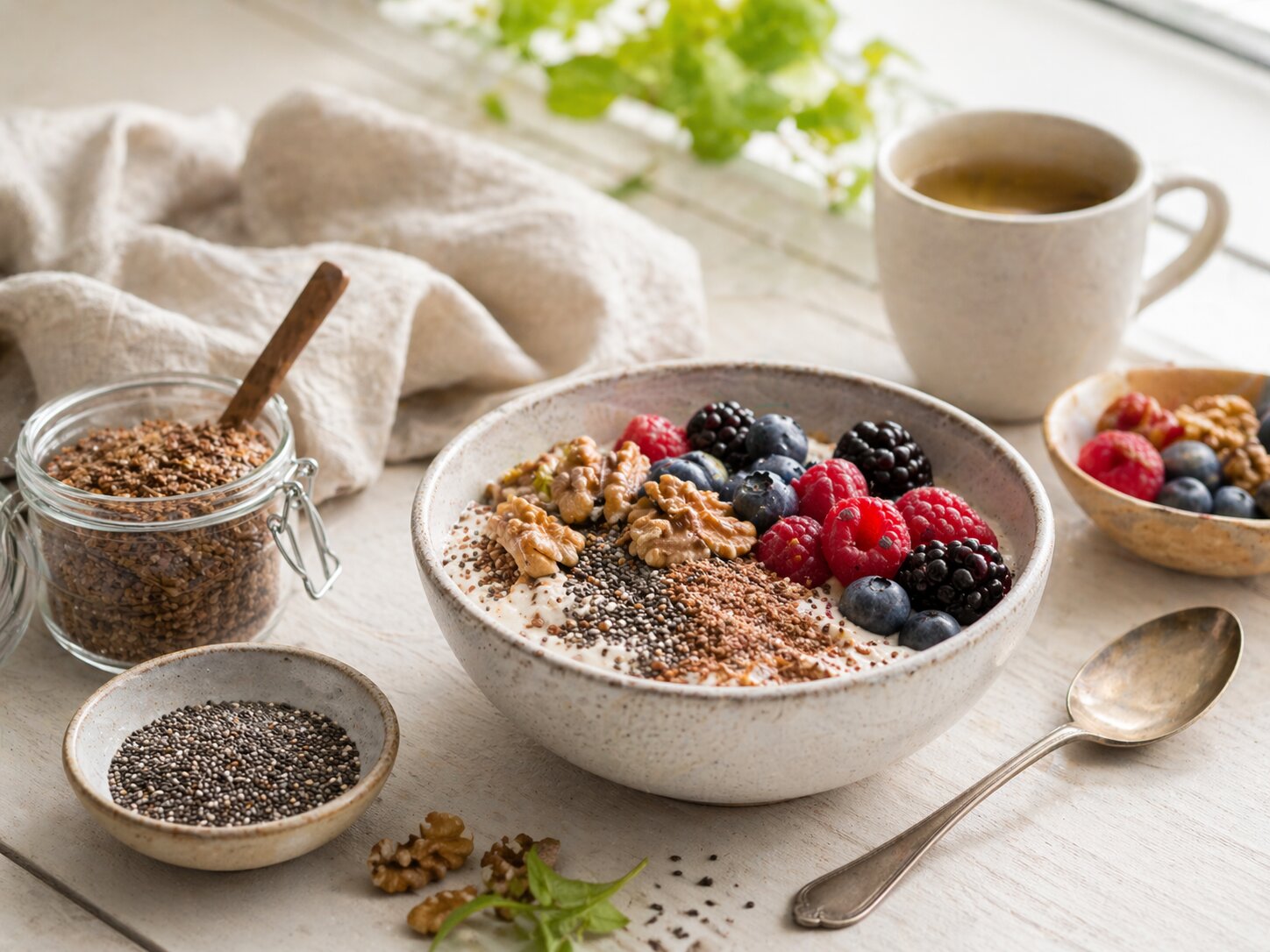 Боул для завтрака с грецкими орехами, семенами чиа, молотым льняным семенем и свежими ягодами