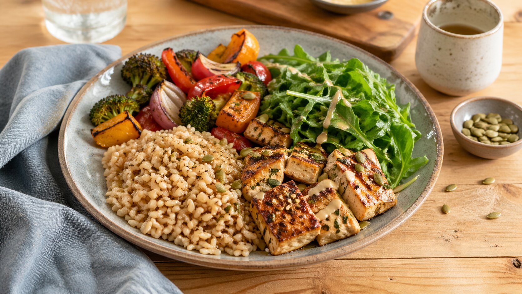 Сбалансированный боул с жареным тофу, цельными злаками, запечёнными овощами, листовой зеленью, семенами и лёгкой заправкой