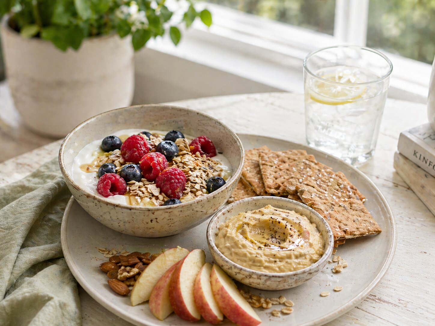 Сбалансированный перекус с греческим йогуртом, овсом, ягодами, хумусом, цельнозерновыми крекерами, ломтиками яблока, орехами и лимонной водой