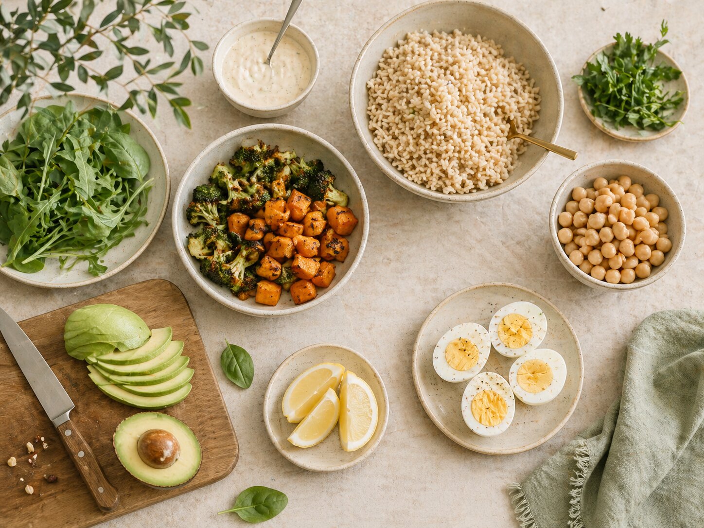 Простые ингредиенты для составления блюд, включая бурый рис, нут, запеченные овощи, зелень, авокадо, яйца, лимон, травы и сливочный соус