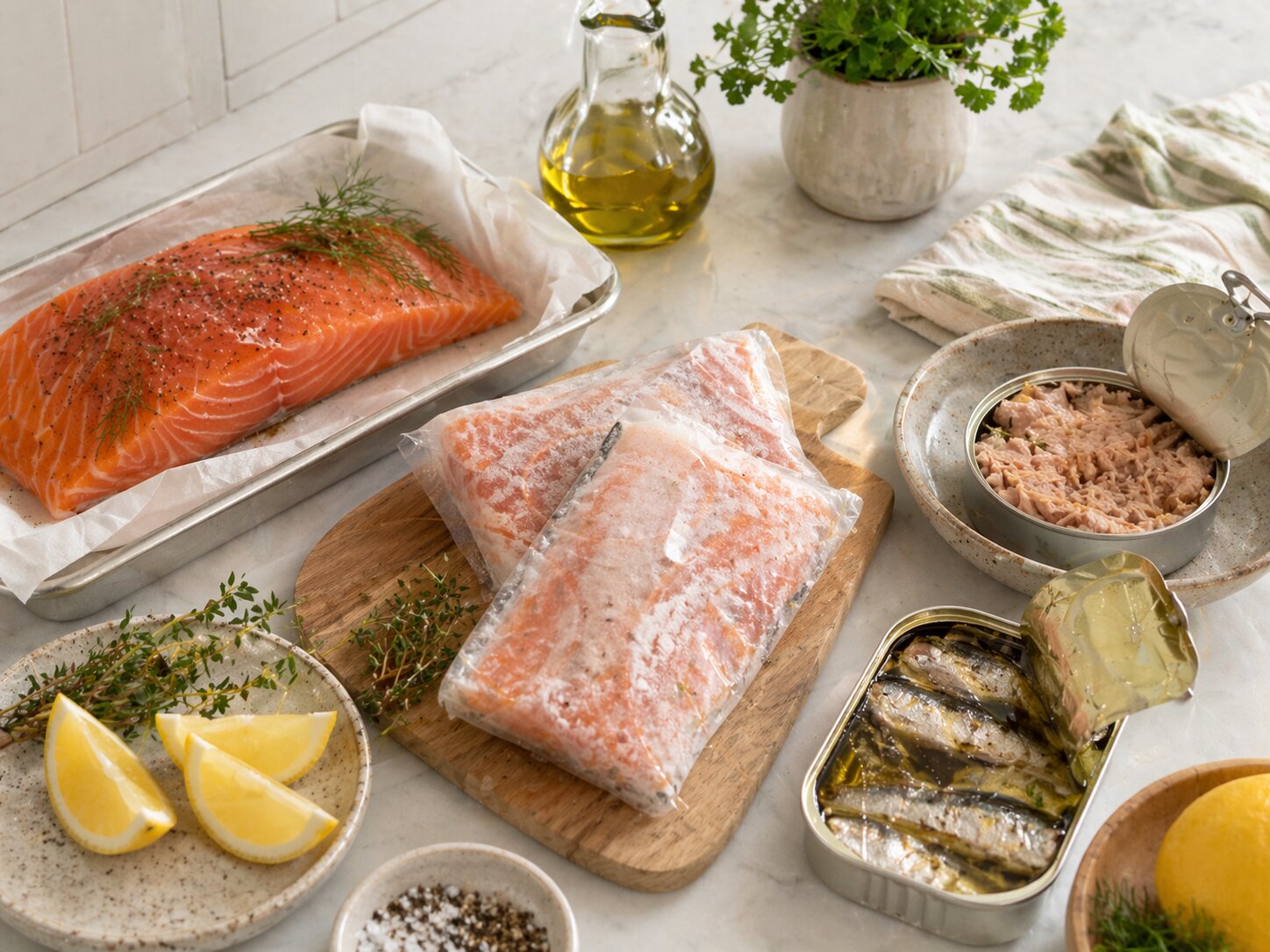 Свежий лосось, замороженные рыбные филе, консервированный тунец и сардины с лимоном, зеленью и оливковым маслом