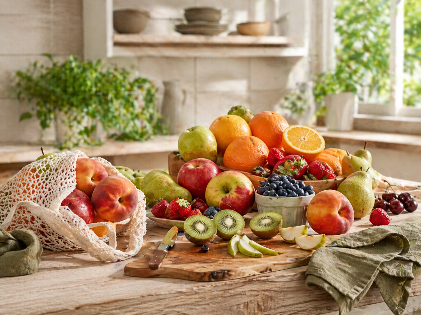 Сезонные фрукты, включая цитрусовые, яблоки, груши, киви, персики и ягоды