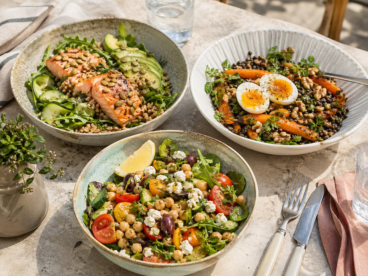 Три ярких салата как полноценное блюдо: лосось со злаками и авокадо, яйца с чечевицей и запечённой морковью, а также нут с помидорами, оливками, зеленью и фетой