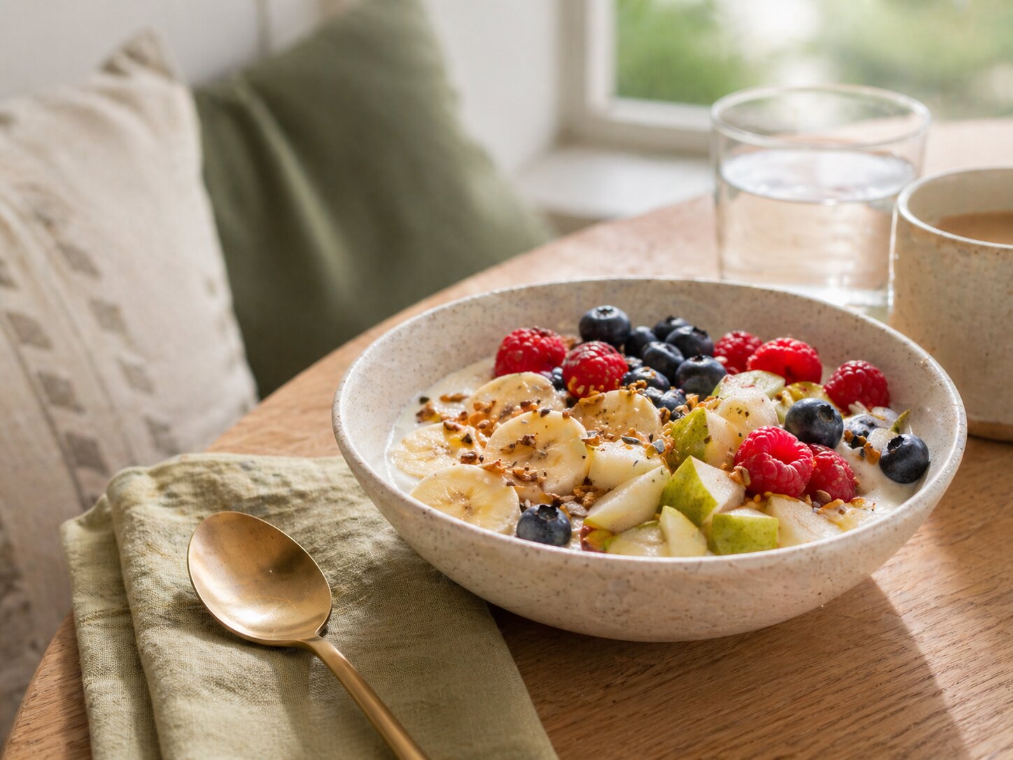 Кремовая миска для завтрака с бананом, ягодами, грушей и гранолой