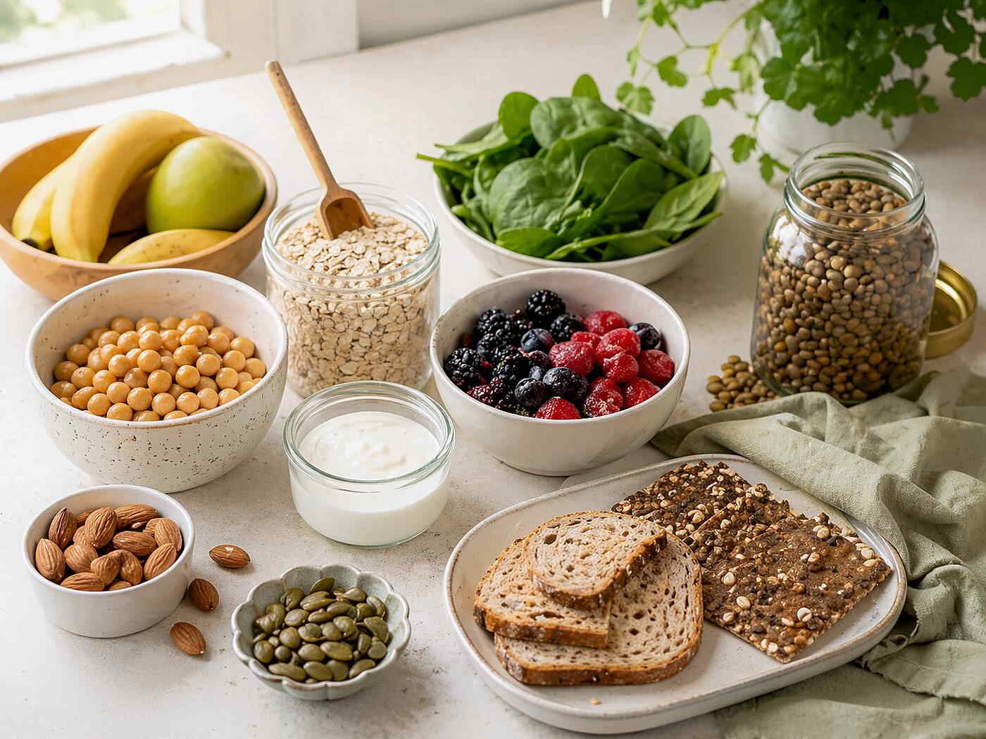 Обычные продукты, богатые питательными веществами, включая овсянку, нут, йогурт, ягоды, чечевицу, шпинат, орехи, семена и цельнозерновой хлеб