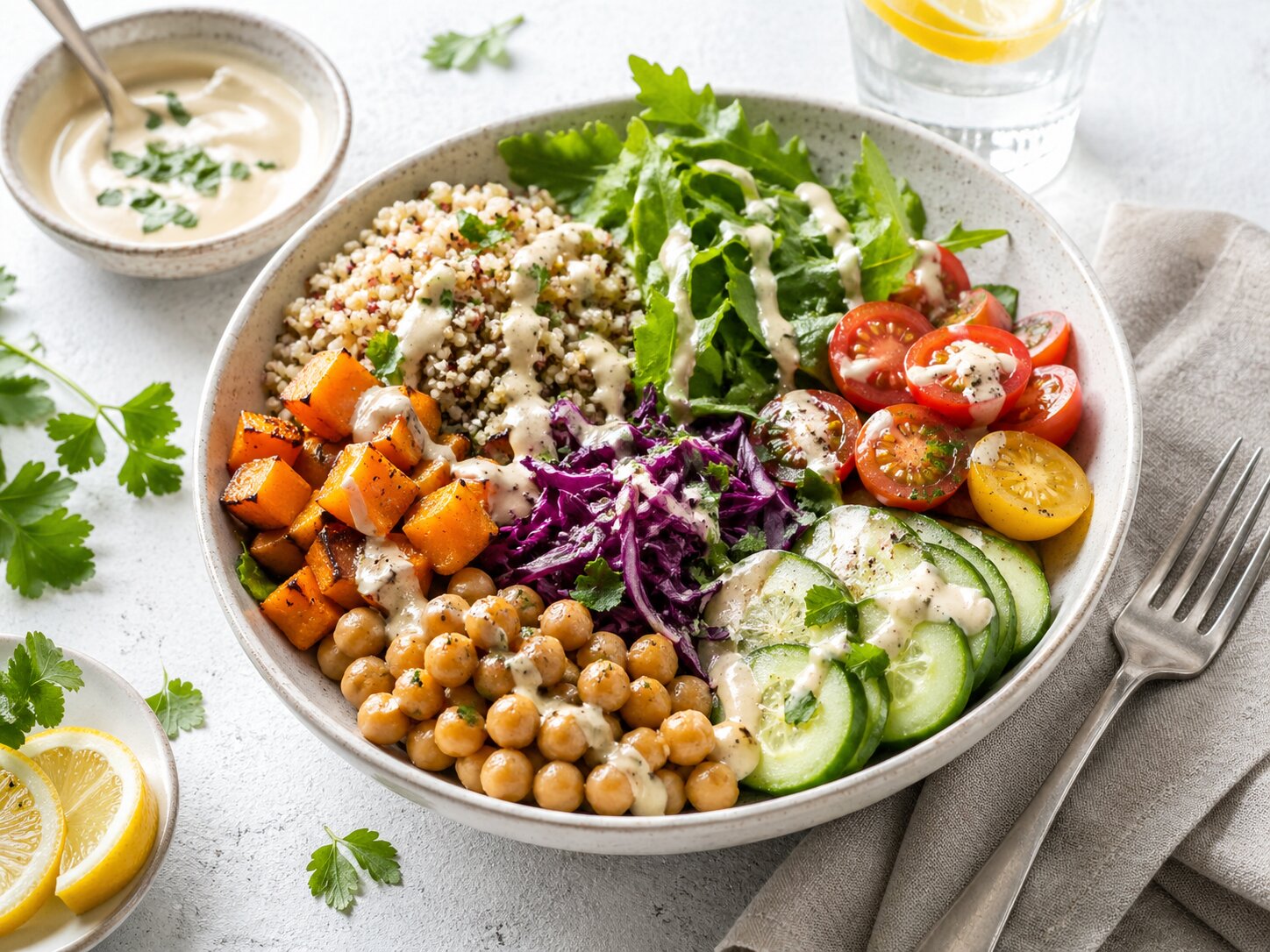 Красочный овощной боул с крупой, листовой зеленью, помидорами черри, запеченной тыквой, фиолетовой капустой, огурцом, нутом, свежей зеленью и кремовой заправкой