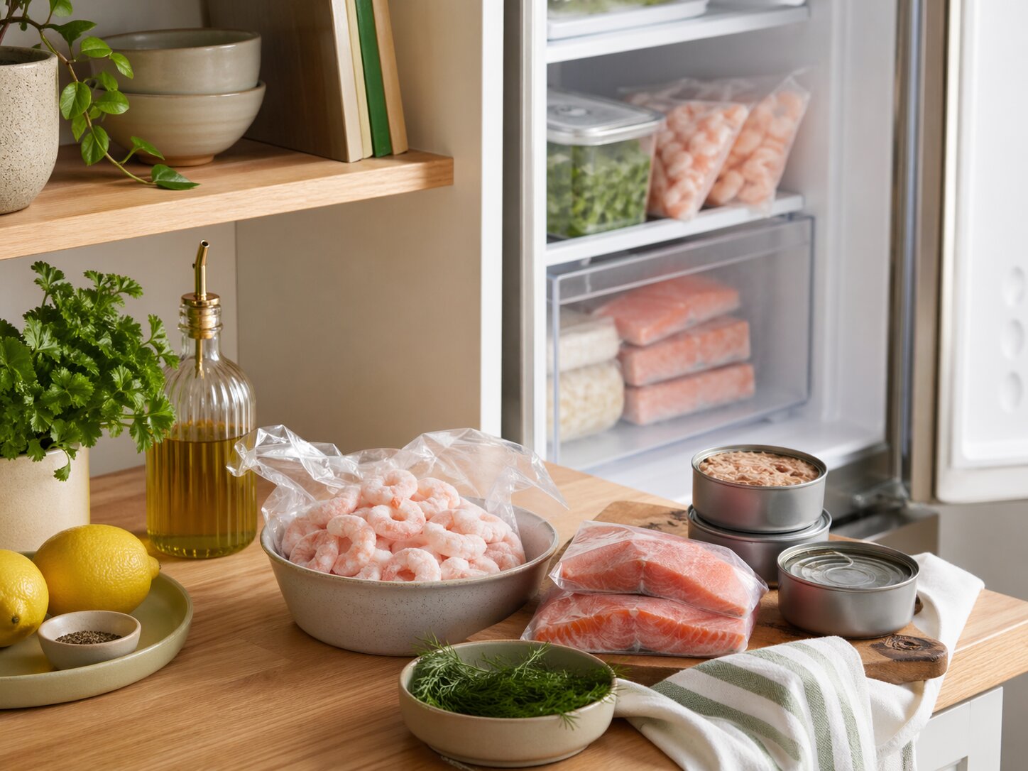 Замороженные креветки, филе лосося, консервированный тунец, лимоны, оливковое масло и свежая зелень