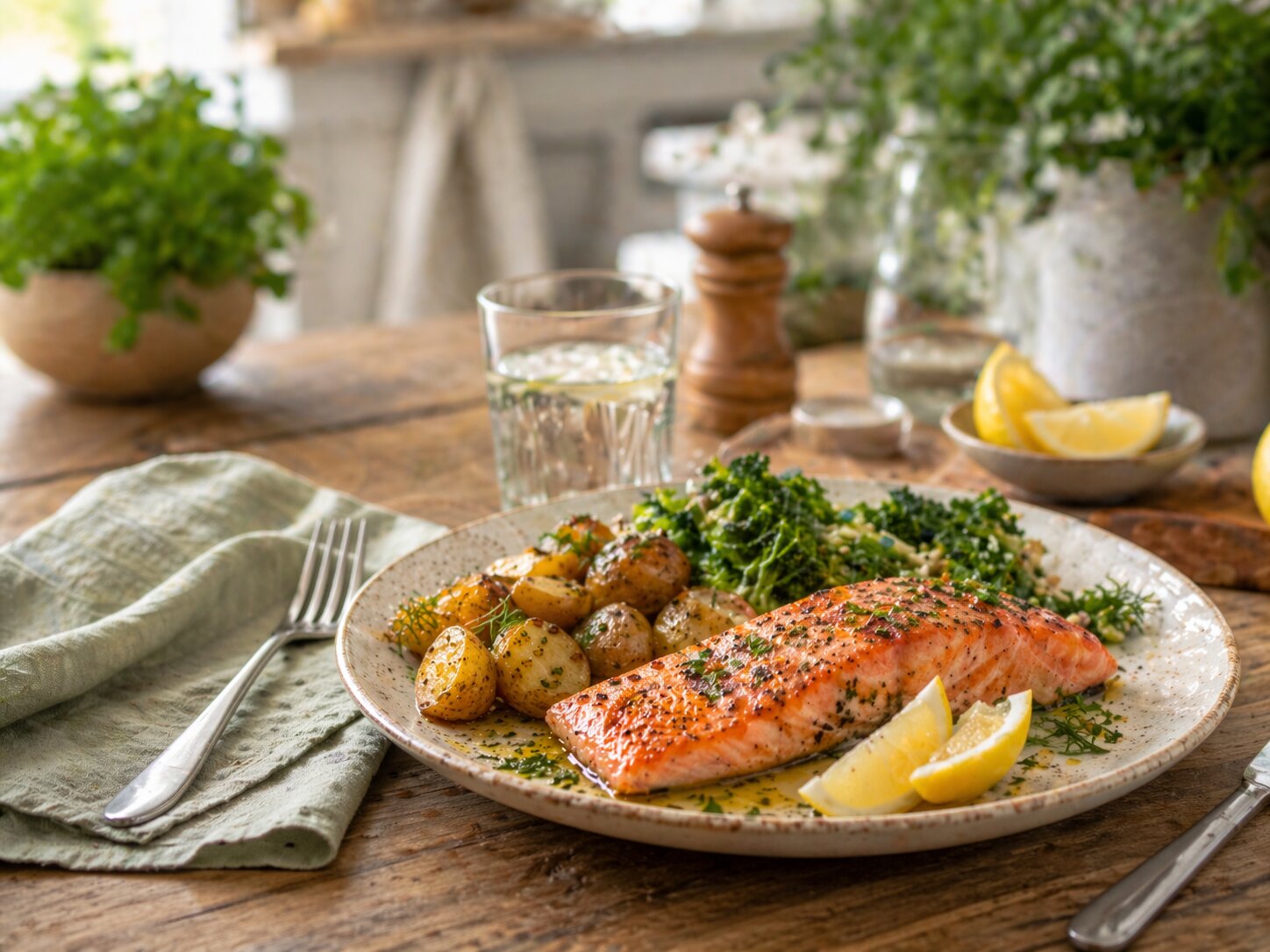 Запеченный лосось с лимоном, зеленью, запеченным картофелем и зелеными овощами