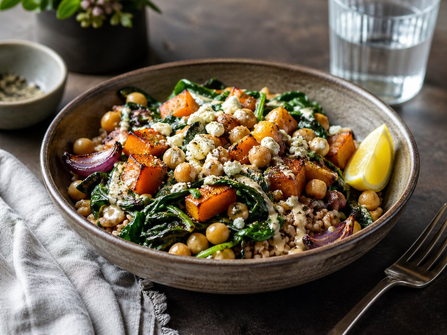Теплый зерновой боул с листовой зеленью, запеченными овощами, нутом, лимоном и кремовой заправкой.